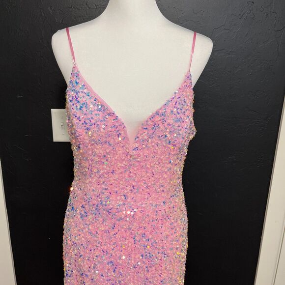 B. Smart Pink Iridescent Sequin Floor Length Dress Size 13 - Picture 7 of 15